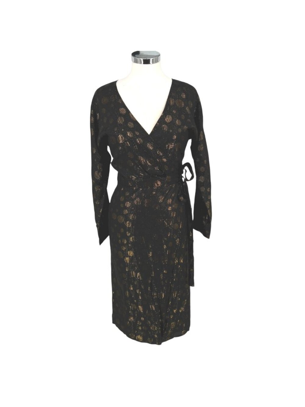 ModCloth Golden Record Party Wrap Dress Black Gold Polka Dot Size Small NWT